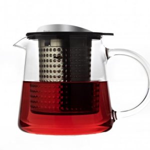 Sklenená kanvica na čaj Finum Tea Control™ 0.4 l - čierna/nerezová, s podložkou