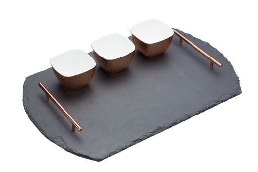 Elegantný servírovací set - bridlicová podložka (55x36cm) s madlami a miskami KITCHEN CRAFT Artesa