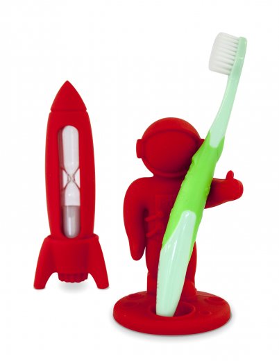 Detská zubná sada (presýpacia minútka, stojan na zubnú kefku) J-ME Rocket&Apollo, červená